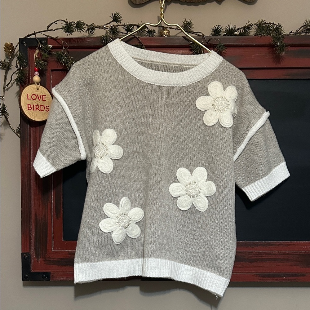 Gray Sweater with White Floral Appliques